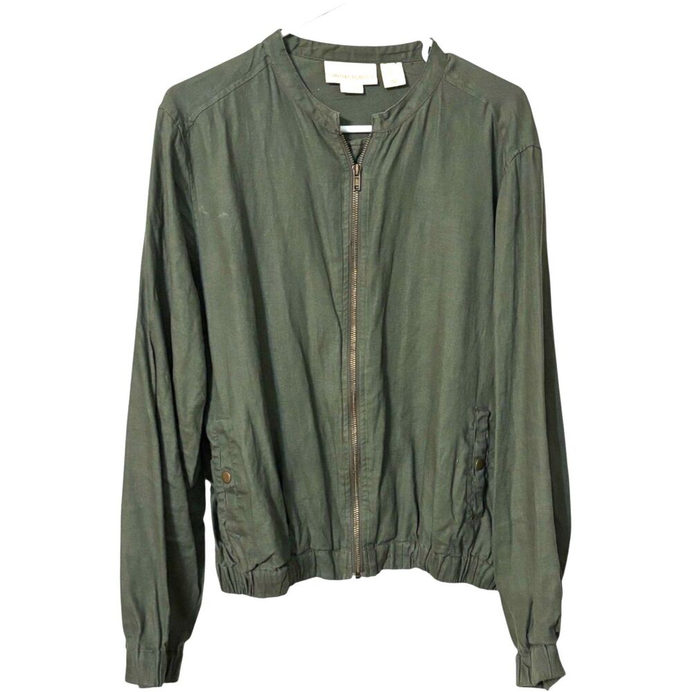Cynthia Rowley 100% Linen Zip Bomber Jacket Olive Green Size Large